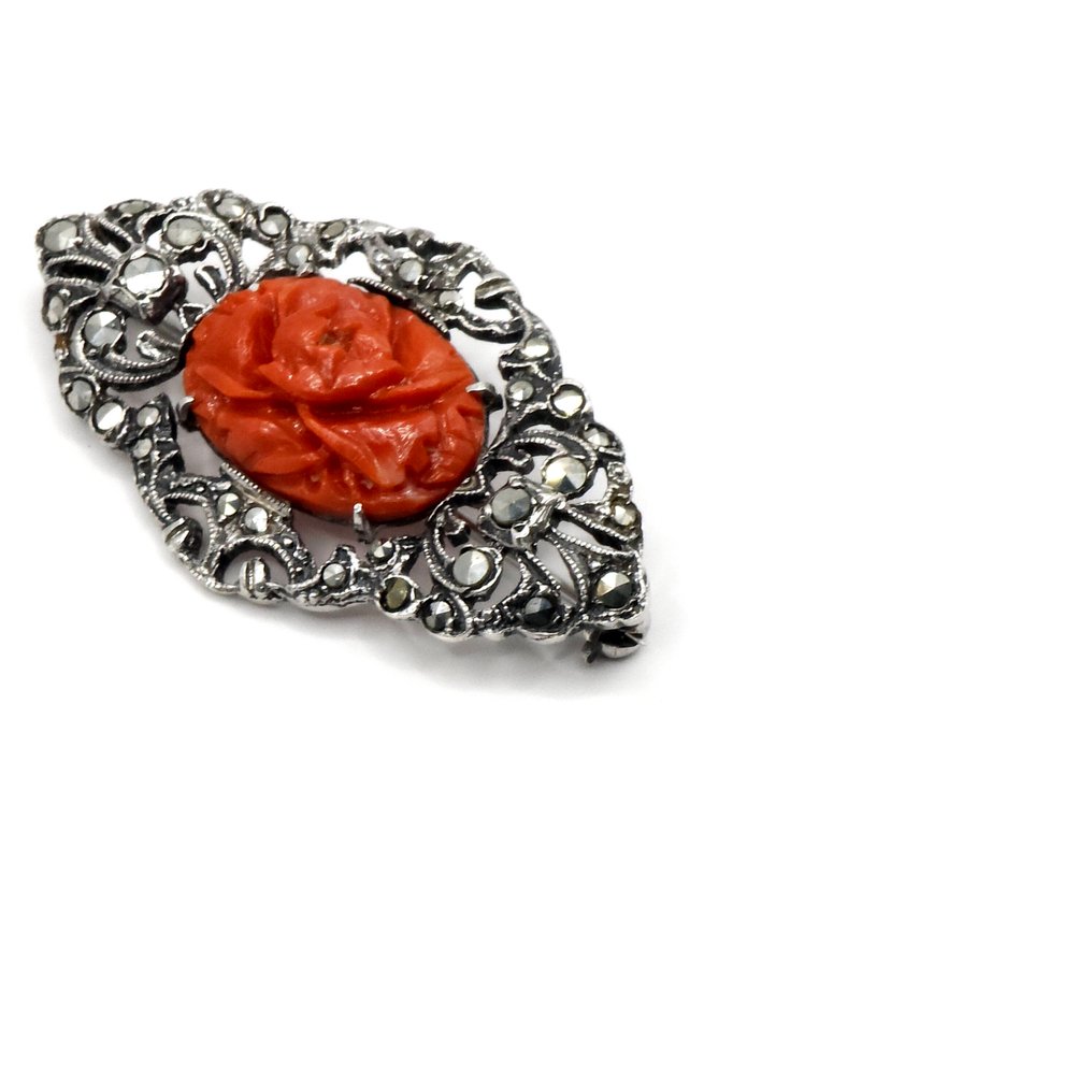 銀, 925纯银雕刻珊瑚与马耳石 - 胸針 - 艺术装饰几何 #1.0