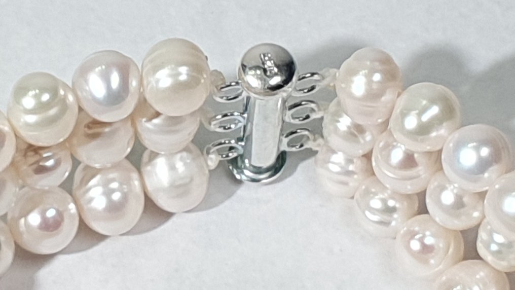 天然淡水珍珠 - 3圈 - 一等品 - 平静与安宁 - 925纯银 - 手镯 #2.1