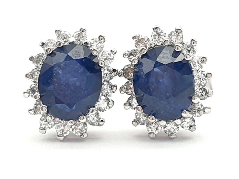 耳環 - 14 克拉 白金 藍寶石 - 鉆石 #1.0