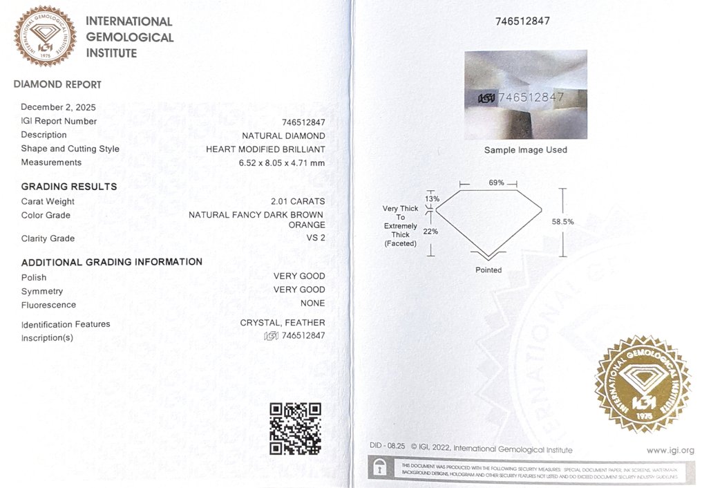 没有保留价 - 1 pcs 钻石  (天然色彩的)  - 2.01 ct - 心形 - Fancy dark 棕色 橙色 - VS2 轻微内含二级 - 国际宝石研究院（IGI） #2.1