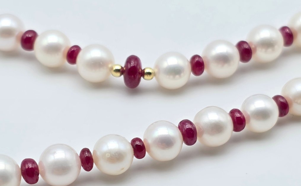 χωρίς τιμή ασφαλείας - Κολιέ - 18 καράτια Κίτρινο χρυσό Μαργαριτάρι - Ρουμπίνι - Μαργαριτάρια akoya από 6,5 έως 6,9. #4.3