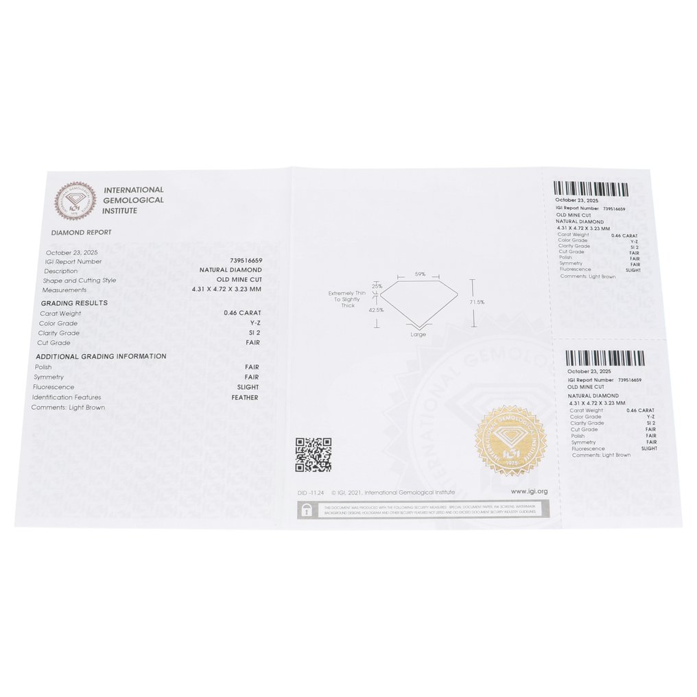 没有保留价 - 1 pcs 钻石 (天然) - 0.46 ct - SI2 微内含二级 - 国际宝石研究院(IGI) - Old Mine Cut #3.2