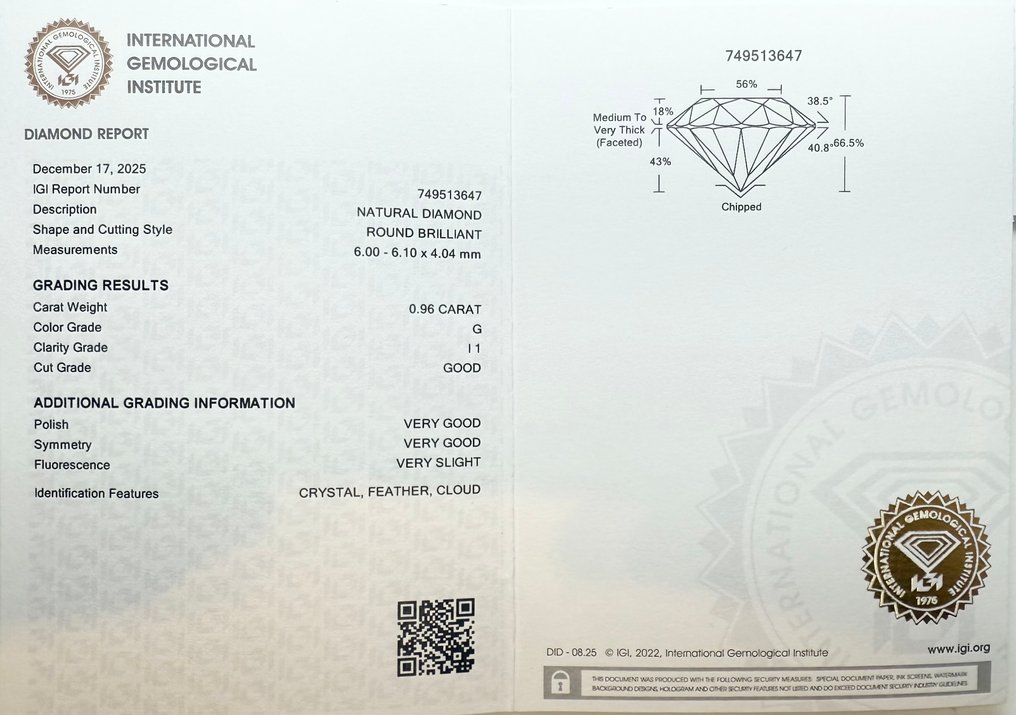 没有保留价 - 1 pcs 钻石 (天然) - 0.96 ct - 圆形 - G - I1 内含一级 - 国际宝石研究院(IGI) #2.1