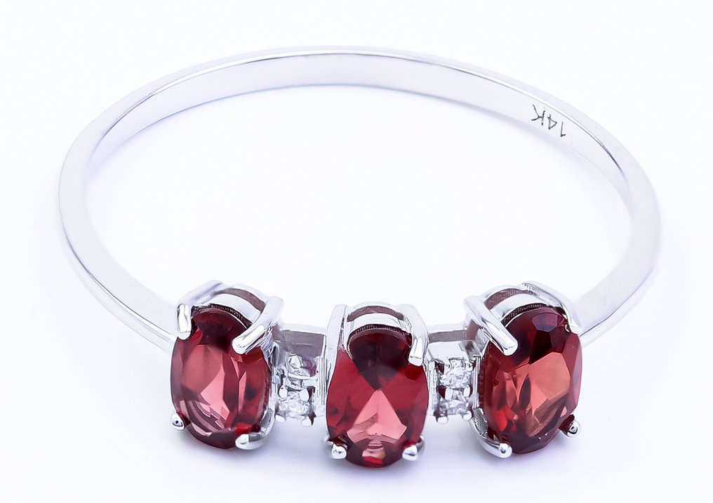 没有保留价 - 戒指 - 14K包金 白金 石榴石 - 钻石 - US-7 #1.0