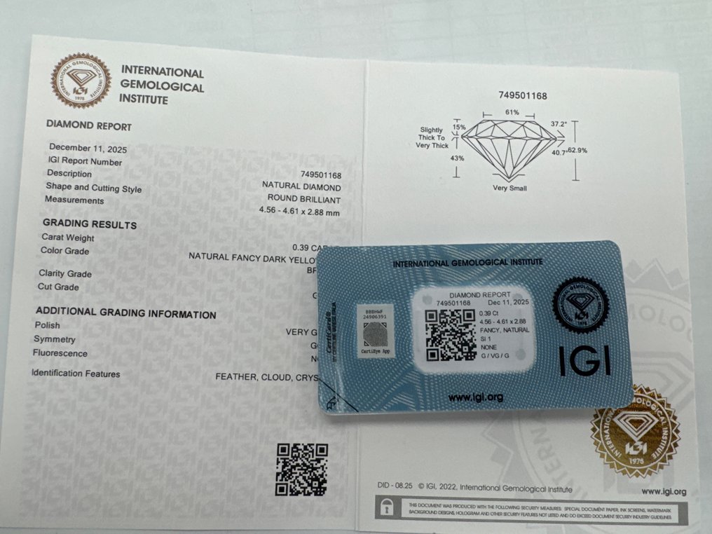 没有保留价 - 1 pcs 钻石  (天然色彩的)  - 0.39 ct - 圆形 - Fancy dark 棕色, 黄色 - SI1 微内含一级 - 国际宝石研究院（IGI） #3.2