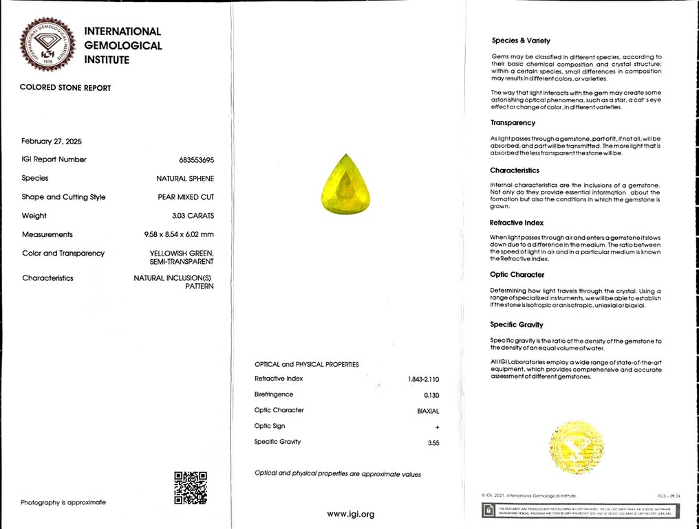 没有保留价 榍石  - 3.03 ct - 国际宝石研究院（IGI） #2.1