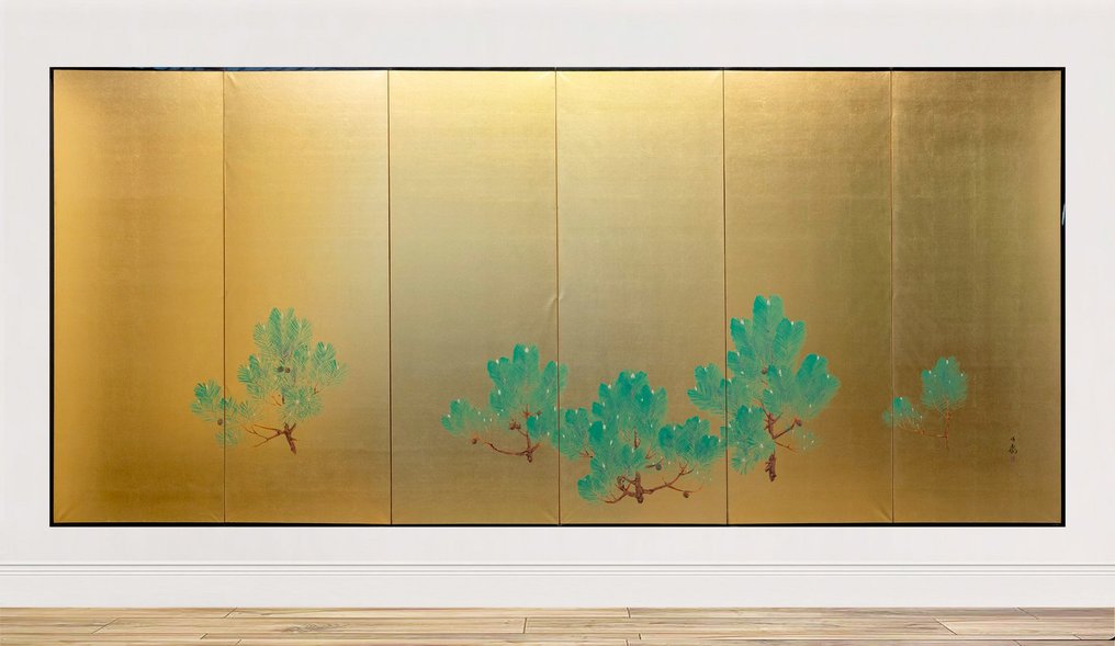 Byōbu屏風 - 一幅六扇的屏风,描绘优雅的松树枝条。 - 日本 #1.0