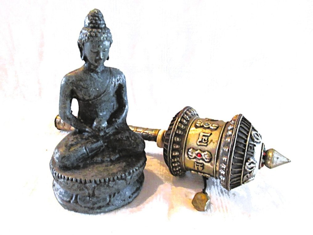 Άγαλμα, 2x items - Gebedsmolen + Boeddha - Nepal - 39 cm - Μπρούντζος #1.0