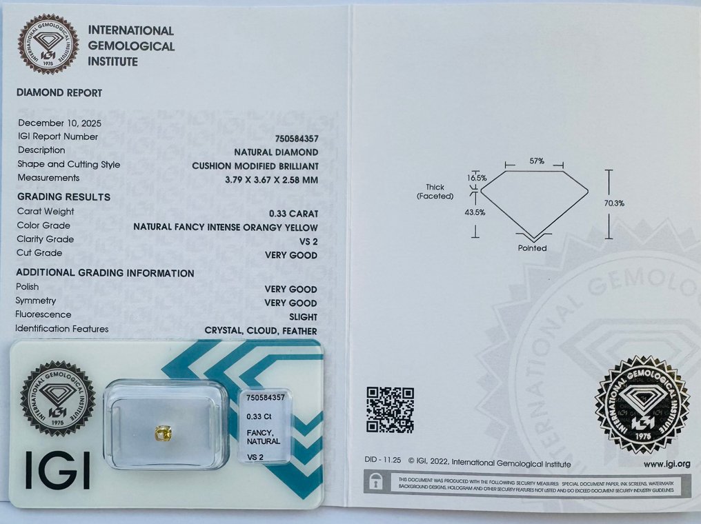 没有保留价 - 1 pcs 钻石  (天然色彩的)  - 0.33 ct - 枕形 - Fancy intense 似橙色 黄色 - VS2 轻微内含二级 - 国际宝石研究院（IGI） - *VG SL* #2.1