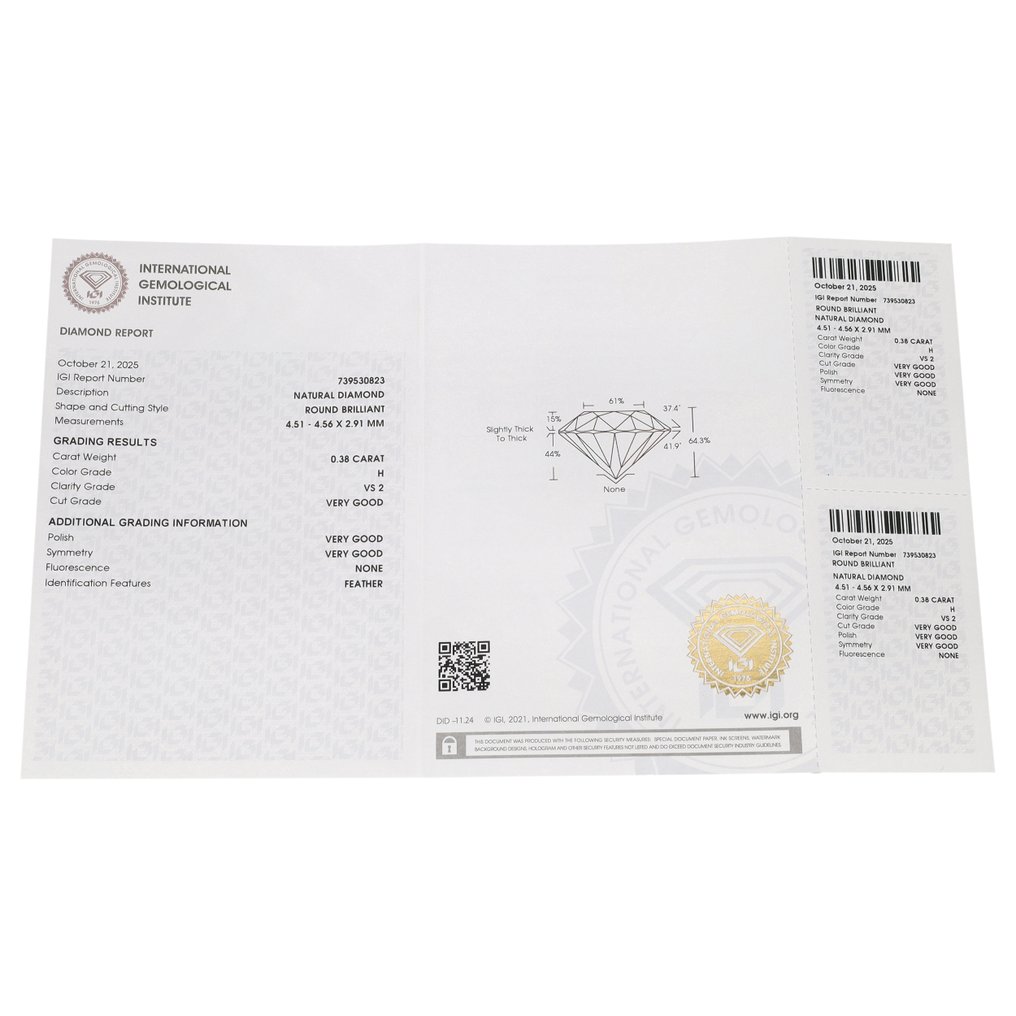 没有保留价 - 1 pcs 钻石 (天然) - 0.38 ct - 圆形 - H - VS2 轻微内含二级 - 国际宝石研究院(IGI) #3.2