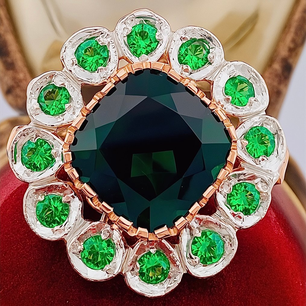 没有保留价 - 戒指 - 9 kt. 玫瑰金, 银 祖母绿 - 祖母绿 #1.0