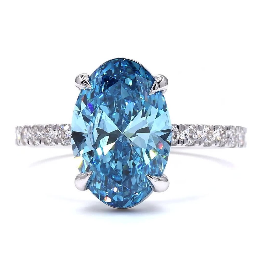 沒有保留價 - 戒指 - 18 克拉 白金 -  3.45ct. tw. 藍色 鉆石 (彩色實驗室培育鑽石) - 鉆石 - 华丽鲜明的蓝色 #3.2