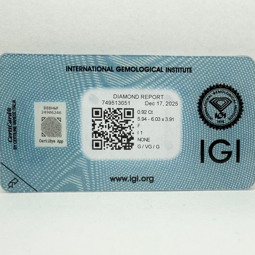 没有保留价 - 1 pcs 钻石 (天然) - 0.92 ct - 圆形 - F - I1 内含一级 - 国际宝石研究院(IGI) #4.3