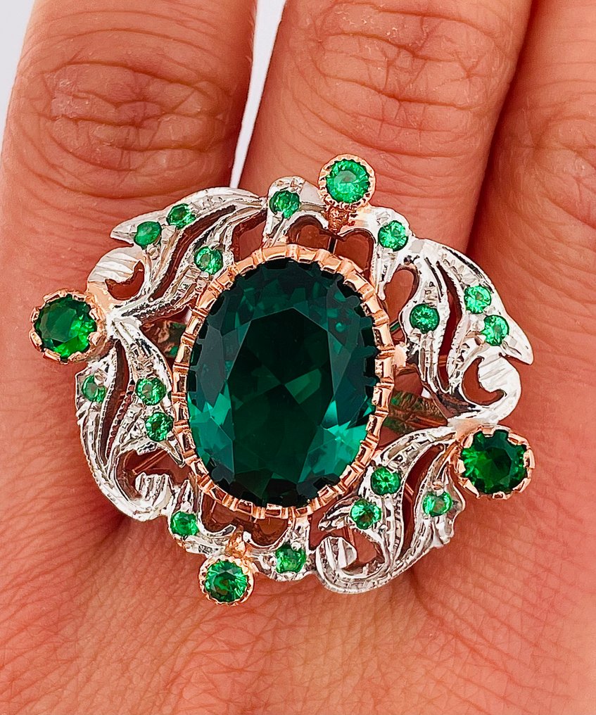 χωρίς τιμή ασφαλείας - Δαχτυλίδι - 9 kt. Ροζ χρυσό, Ασημί Σμαράγδι - Σμαράγδι #3.2