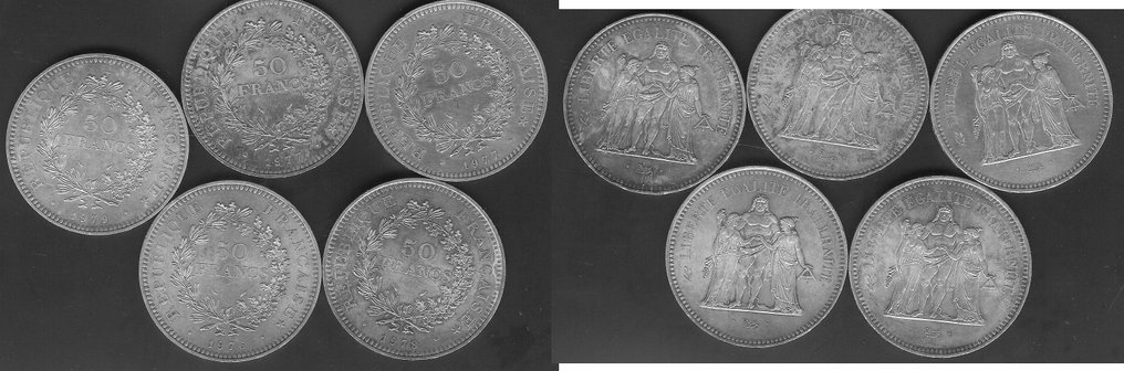 Γαλλία. 50 Francs 1976/1979 Hercule (lot de 5 monnaies en argent) #1.0