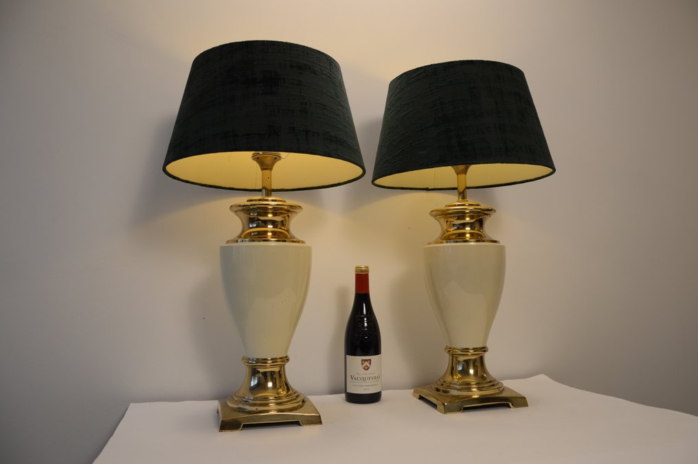 台灯 (2) - 一对别致的大型新古典花瓶灯 - 黄铜, 陶瓷, 丝绒 #3.2