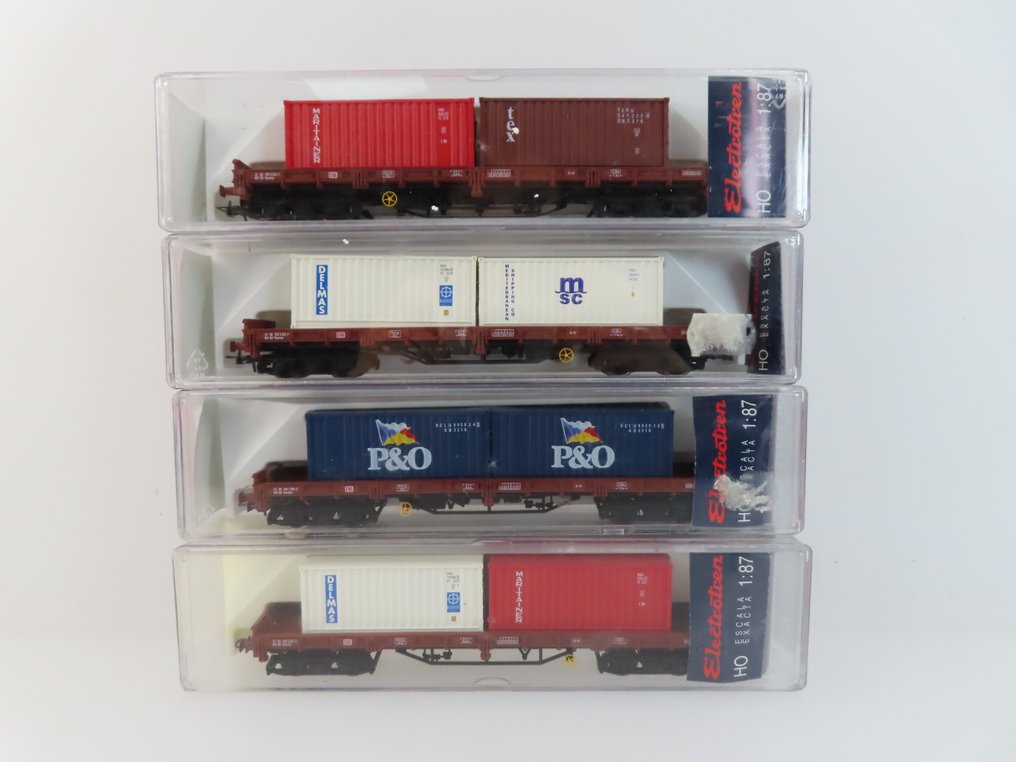 Roco H0 - 5136K/5135K - Τρένο μοντελισμού μεταφοράς εμπορευμάτων (4) - 4x 4-θέσιες φορτηγές κοντέινερ με φορτίο και επεξήγηση «P&O» και «MSC» - DB #3.2