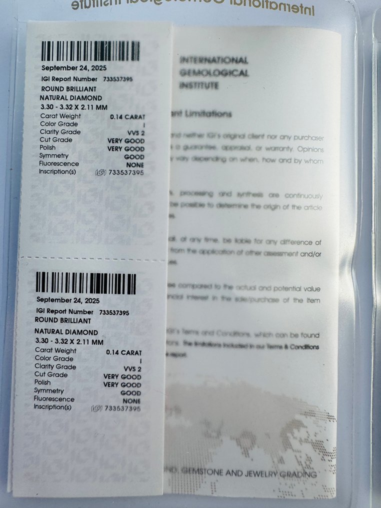 没有保留价 - 2 pcs 钻石 (天然) - 0.27 ct - 圆形 - I - VVS2 极轻微内含二级 - 国际宝石研究院(IGI) - 匹配的对 #3.2