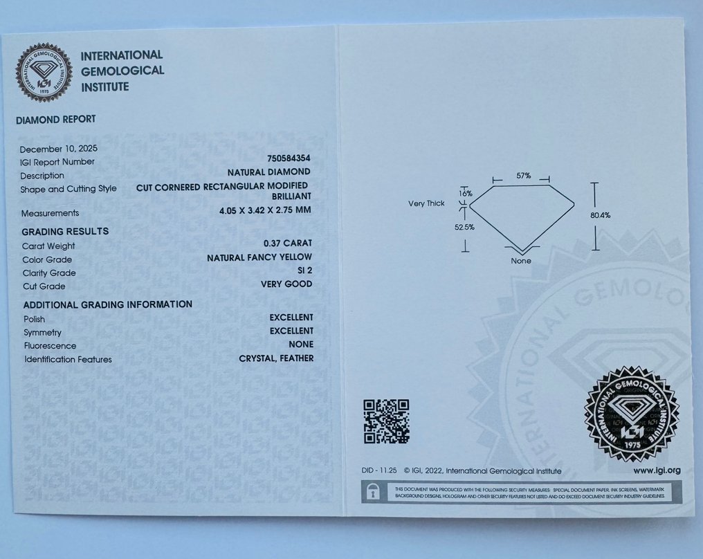 没有保留价 - 1 pcs 钻石  (天然色彩的)  - 0.37 ct - 雷地恩型 - Fancy 黄色 - SI2 微内含二级 - 国际宝石研究院（IGI） - *VG EX None* #3.2