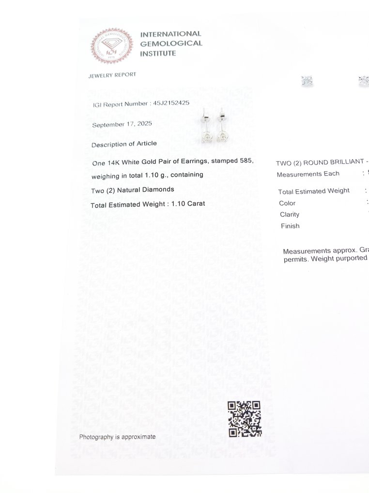 沒有保留價 - 耳環 - 14 克拉 白金 -  1.10ct. tw. 鉆石 (天然) - IGI 证书 #3.2