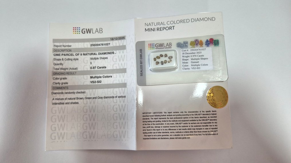 No reserve price - 9 pcs Diamond  (Natural coloured)  - 0.97 ct - Mixed shape Mixed colours - VS2, SI2, SI1 - Gemewizard Gemological Laboratory (GWLab) #4.3
