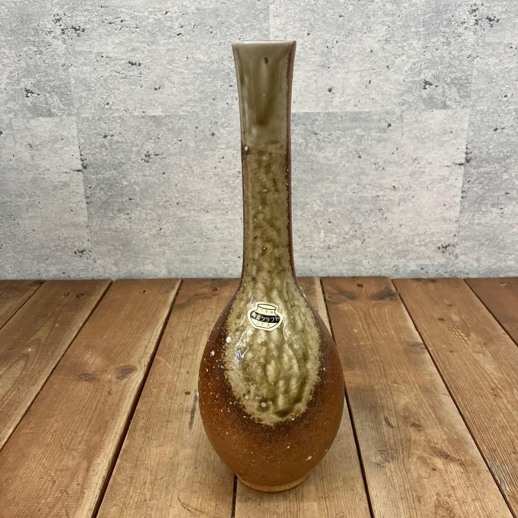 昭和信乐烧鹤颈花瓶 日本陶瓷 花道支架 盒装 - 石器陶瓷（信乐烧），木制展示架 - Unknown - 日本 - 昭和时期——信乐烧 #1.0