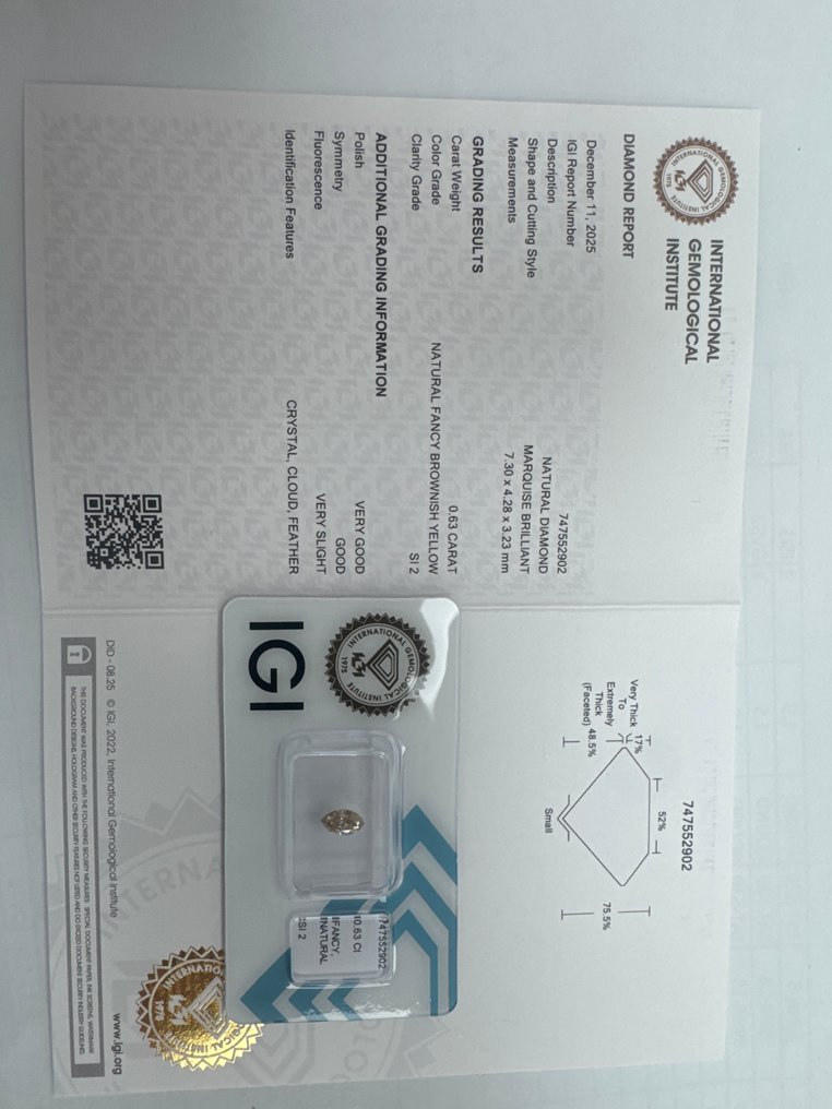 没有保留价 - 1 pcs 钻石  (天然色彩的)  - 0.63 ct - 榄尖形 - Fancy 稍帶棕色的, 黄色 - SI2 微内含二级 - 国际宝石研究院（IGI） #1.0