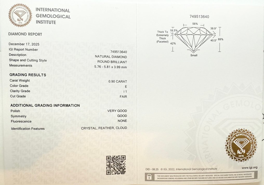 没有保留价 - 1 pcs 钻石  (天然)  - 0.90 ct - 圆形 - E - I1 内含一级 - 国际宝石研究院（IGI） #2.1