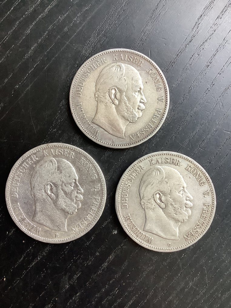 德国， 普鲁士 Wilhelm I. 5 Mark 3x 1876 - A, B, C / all mints included  (没有保留价) #1.0
