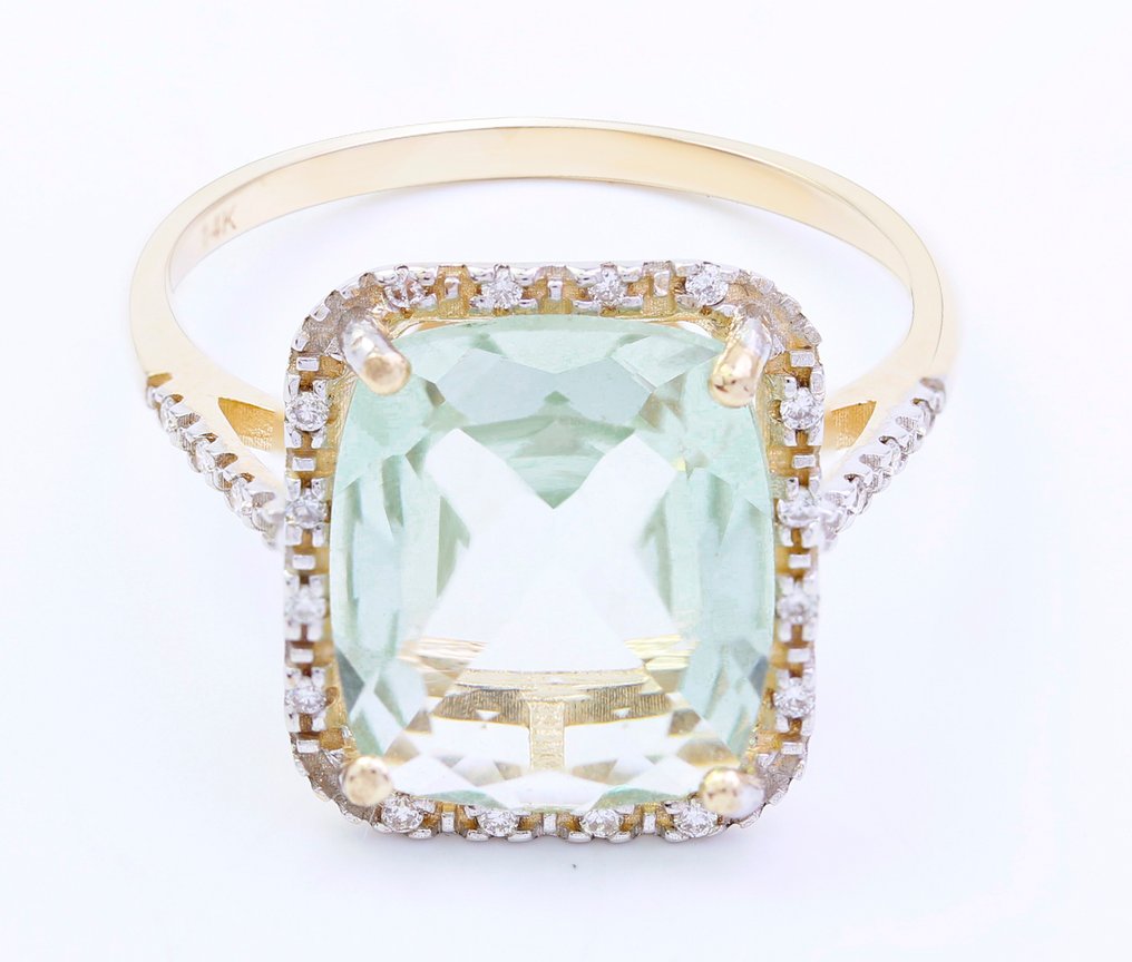 χωρίς τιμή ασφαλείας - Δαχτυλίδι - 14 καράτια Κίτρινο χρυσό Χαλαζίας - Διαμάντι - Prasiolite - US-7 #1.0