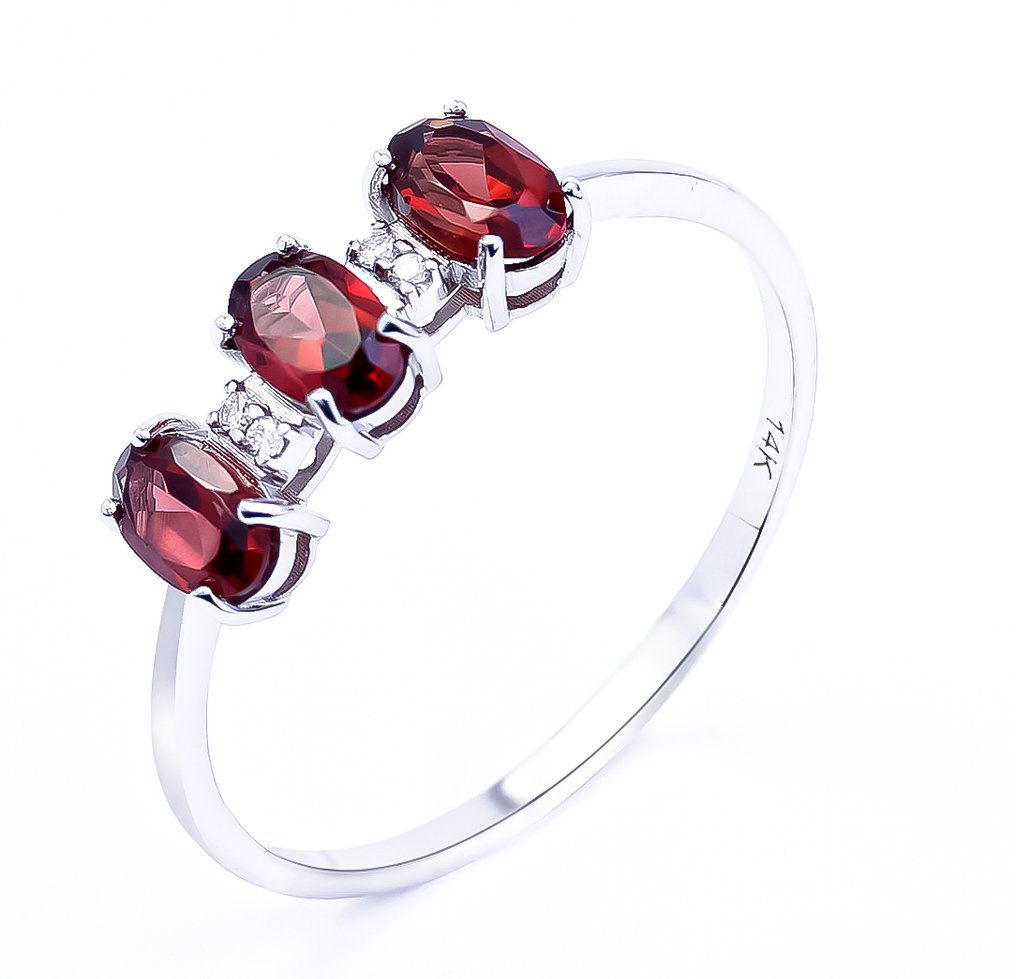 没有保留价 - 戒指 - 14K包金 白金 石榴石 - 钻石 - US-7 #1.0