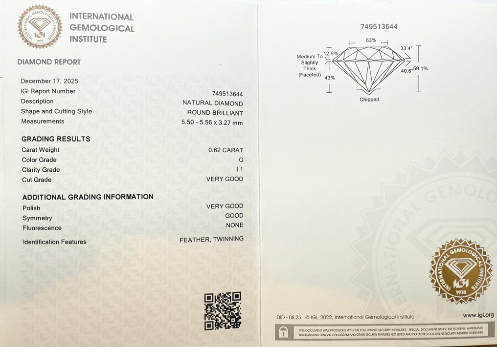 没有保留价 - 1 pcs 钻石  (天然)  - 0.62 ct - 圆形 - G - I1 内含一级 - 国际宝石研究院（IGI） #2.1
