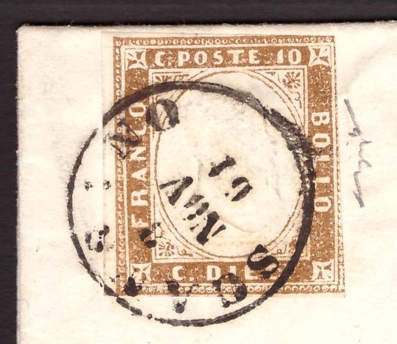 Αρχαία ιταλικά κράτη - Σαρδηνία 1861 - 10 c. Bruno Cioccolato ανοιχτό σε γράμμα από το Scansano 3 πόντοι. - Sassone  14Ck #1.0