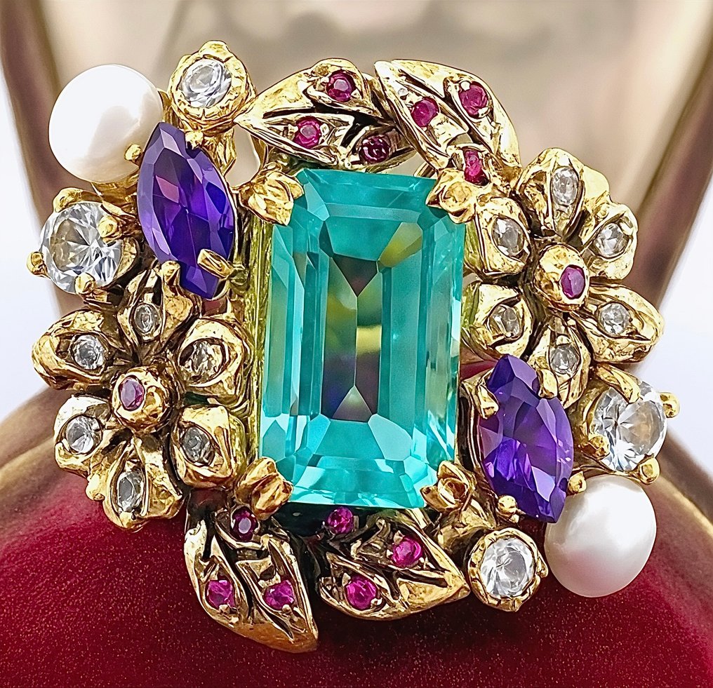 χωρίς τιμή ασφαλείας - Δαχτυλίδι - 9 kt. Κίτρινο χρυσό, Ασημί Ακουαμαρίνης - Αμέθυστος #1.0