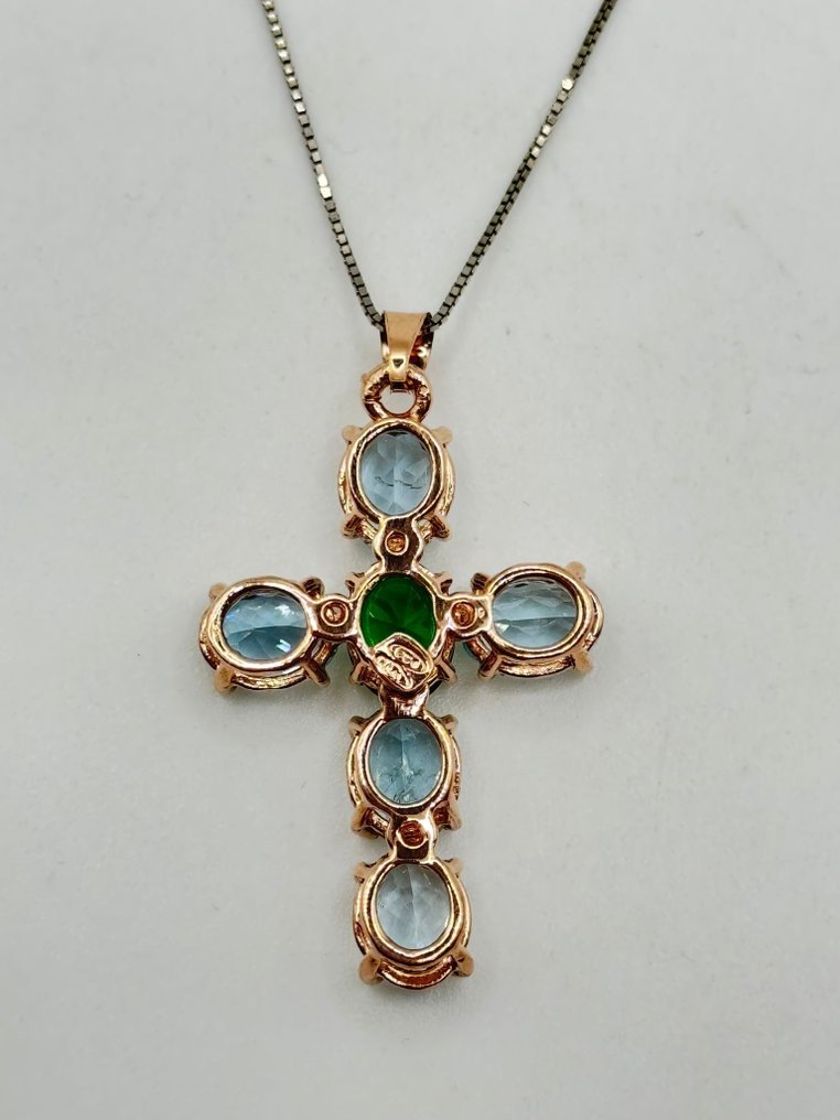 没有保留价 - 吊坠项链 - 9 kt. 银, 玫瑰金 -  7.80ct. tw. 祖母绿 - 海蓝宝石 #4.3