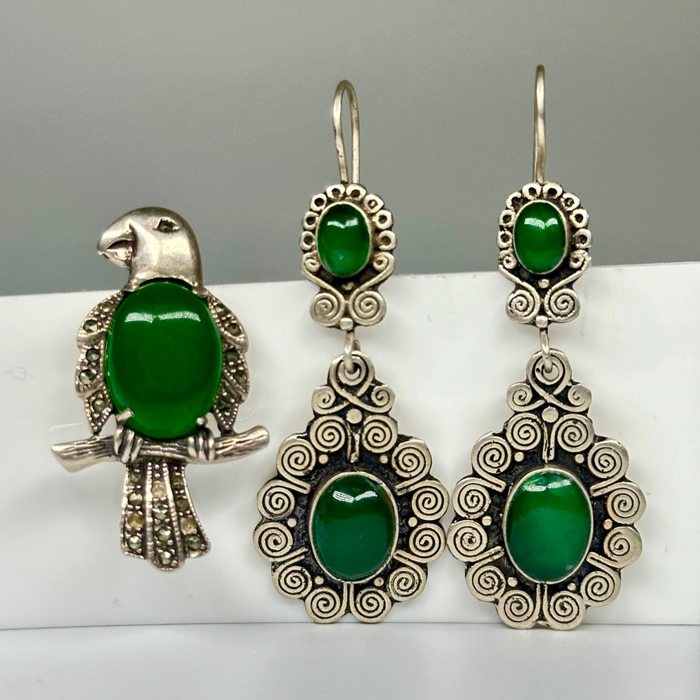 Senza prezzo di riserva - Parure di gioielli da 2 pezzi Spilla e orecchini in argento sterling 925 naturali Giada #2.1