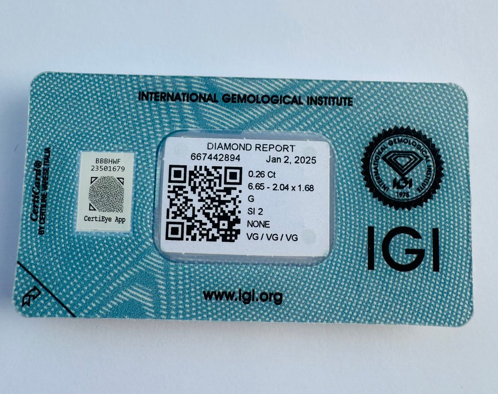 没有保留价 - 1 pcs 钻石  (天然)  - 0.26 ct - 矩形 - G - SI2 微内含二级 - 国际宝石研究院（IGI） - 法棍 *VG None* #1.0