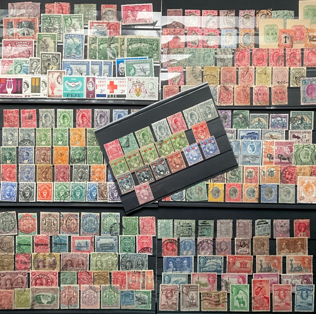 大英國協 1886/1932 - 七張豐富的郵票卡片，郵票來自桑給巴爾、黃金海岸、德蘭士瓦和英屬南非。 - Michel #1.0
