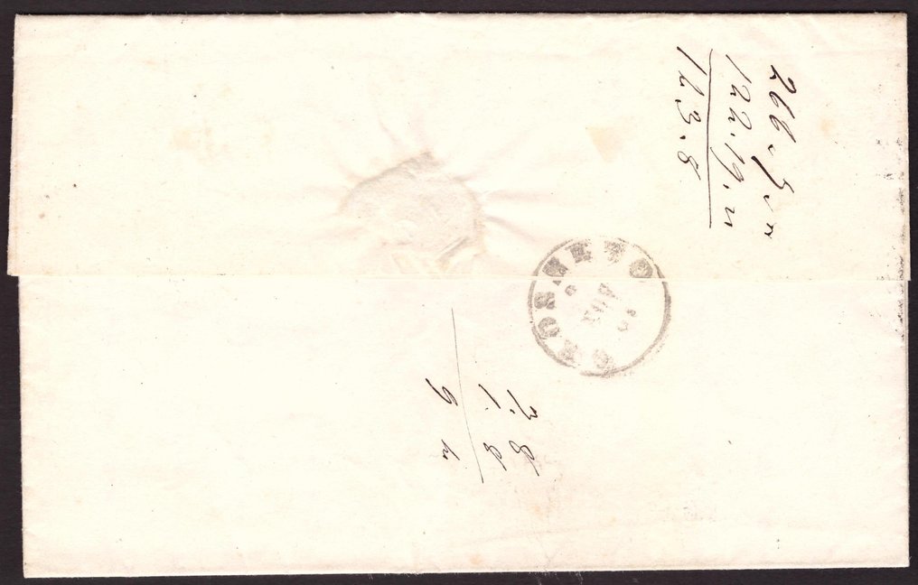 Αρχαία ιταλικά κράτη - Σαρδηνία 1861 - 10 c. Bruno Cioccolato ανοιχτό σε γράμμα από το Scansano 3 πόντοι. - Sassone  14Ck #2.1