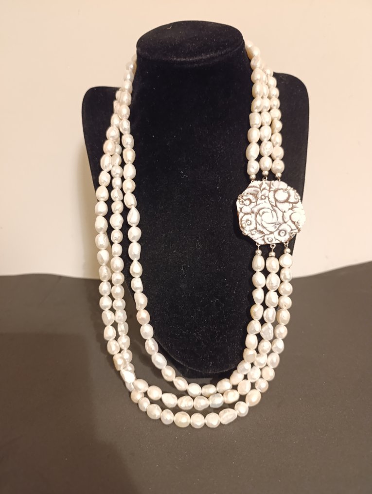 沒有保留價 - 頸鏈 銀, 天然珍珠，天然Sardonica浮雕 - 珍珠 #1.0