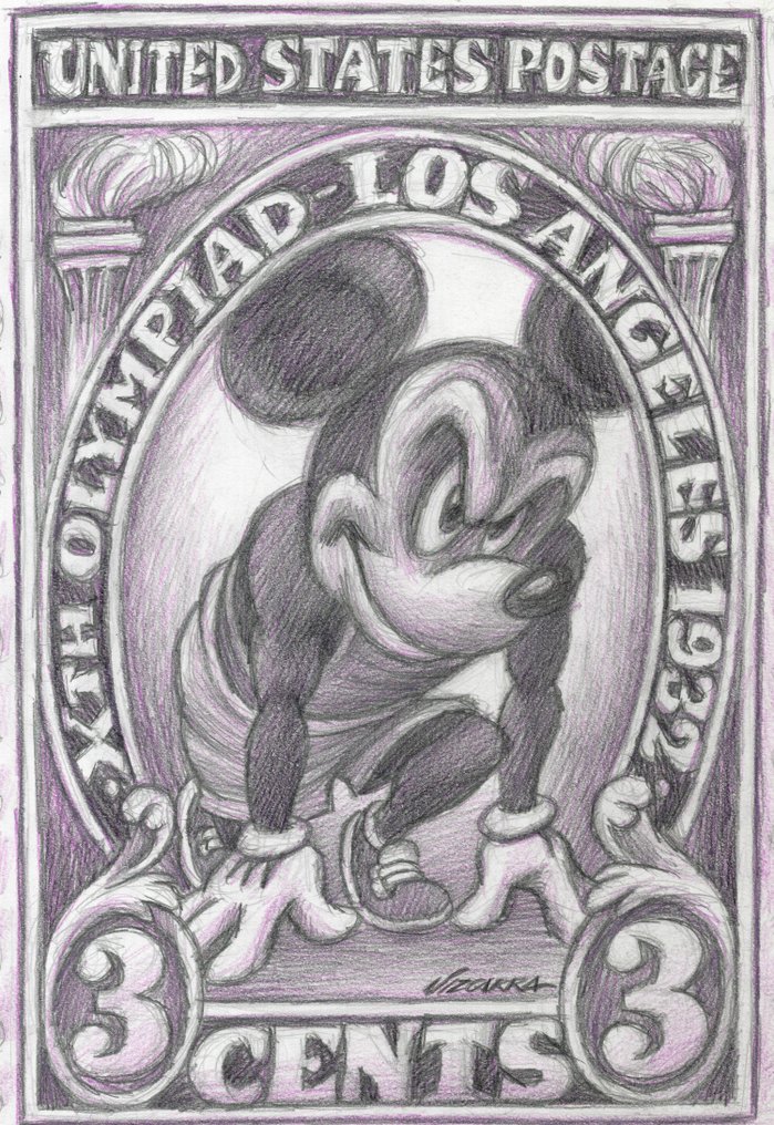 Joan Vizcarra - Alkuperäinen lyijykynä - Mickey Mouse “Olympiad 1932” Vintage Stamp – Hand Signed #3.2