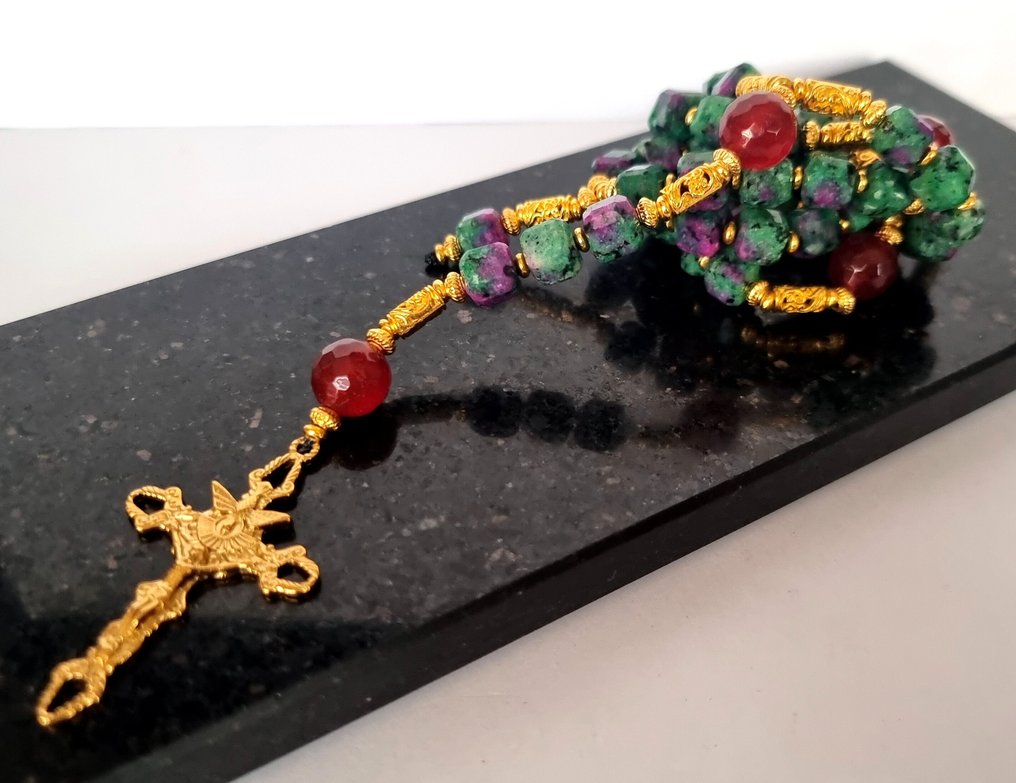 黝簾石 - 红宝石——天主教玫瑰念珠——三叶十字架——天上的保护、神圣的爱与内心的平静 - 吊墜頸鏈 #3.2