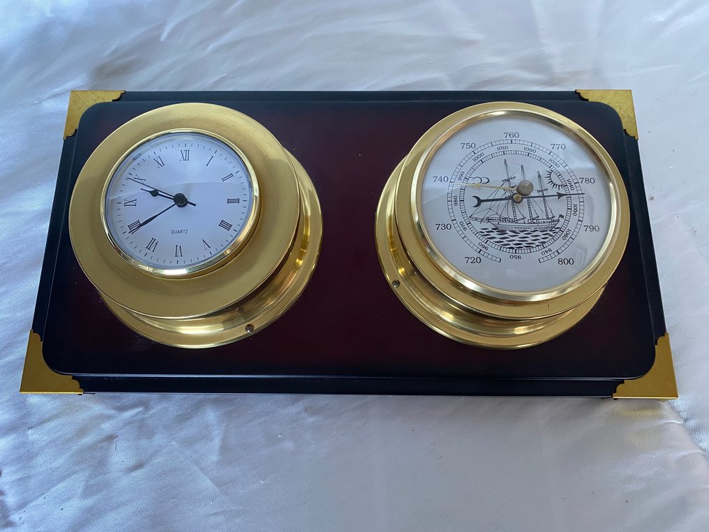 航海用品 - 气象站 时钟和无液压气压计，木头和青铜上 #1.0