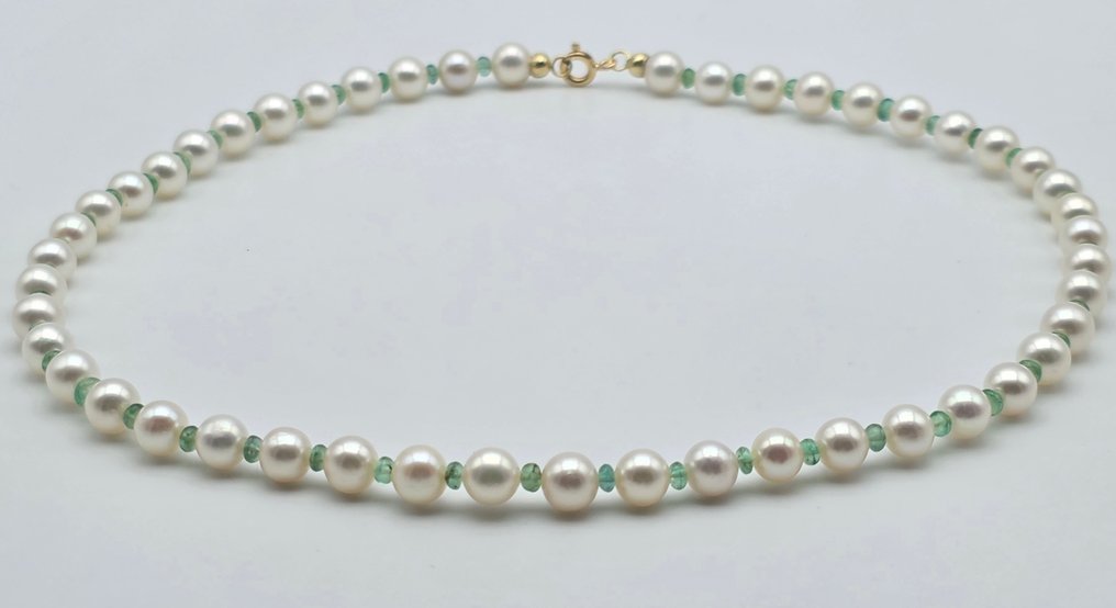 没有保留价 - 项链 - 18K包金 黄金 珍珠 - 祖母绿 #1.0