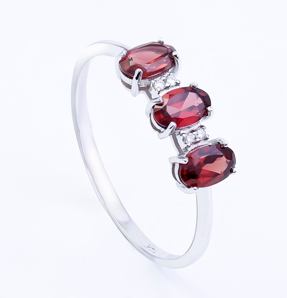 没有保留价 - 戒指 - 14K包金 白金 石榴石 - 钻石 - US-7 #3.2