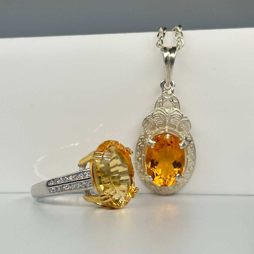 χωρίς τιμή ασφαλείας - Σετ κοσμημάτων 2 τεμαχίων Ασήμι 925 μενταγιόν και δαχτυλίδι φυσικό Κιτρίνης #1.0