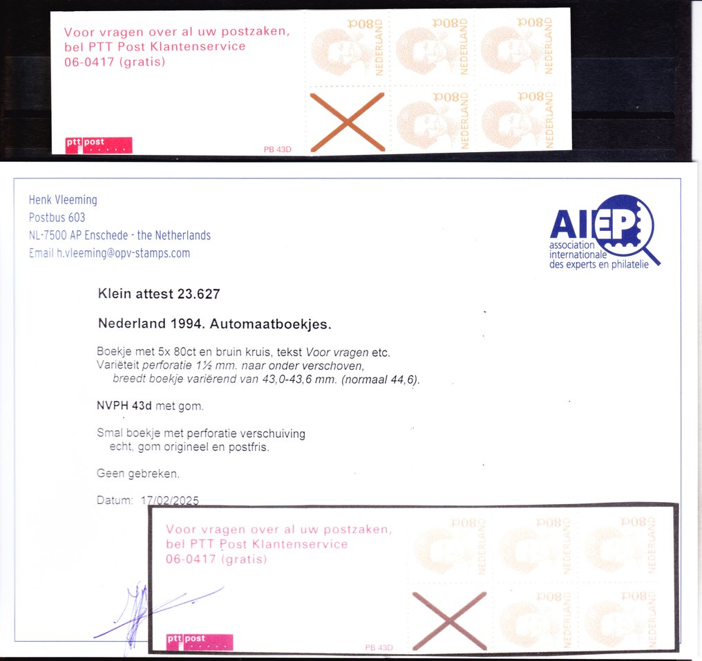 荷兰 1994 - 2倍邮票册贝阿特丽克斯裁剪成细长册子，带穿孔偏移及H. Vleeming的证明 #1.0