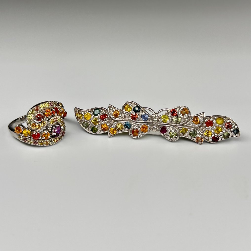 没有保留价 - 2件套珠宝 925纯银戒指与胸针 电气石 #1.0