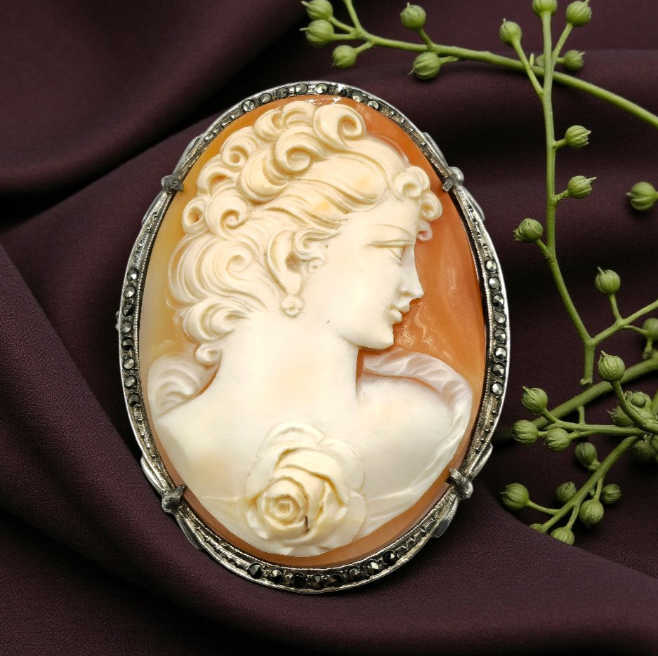 Ασημί, Λεπτομερές αντίκα σκαλιστό καμέο. - Καρφίτσα - Πολύπλοκο ιστορικό κομμάτι #1.0