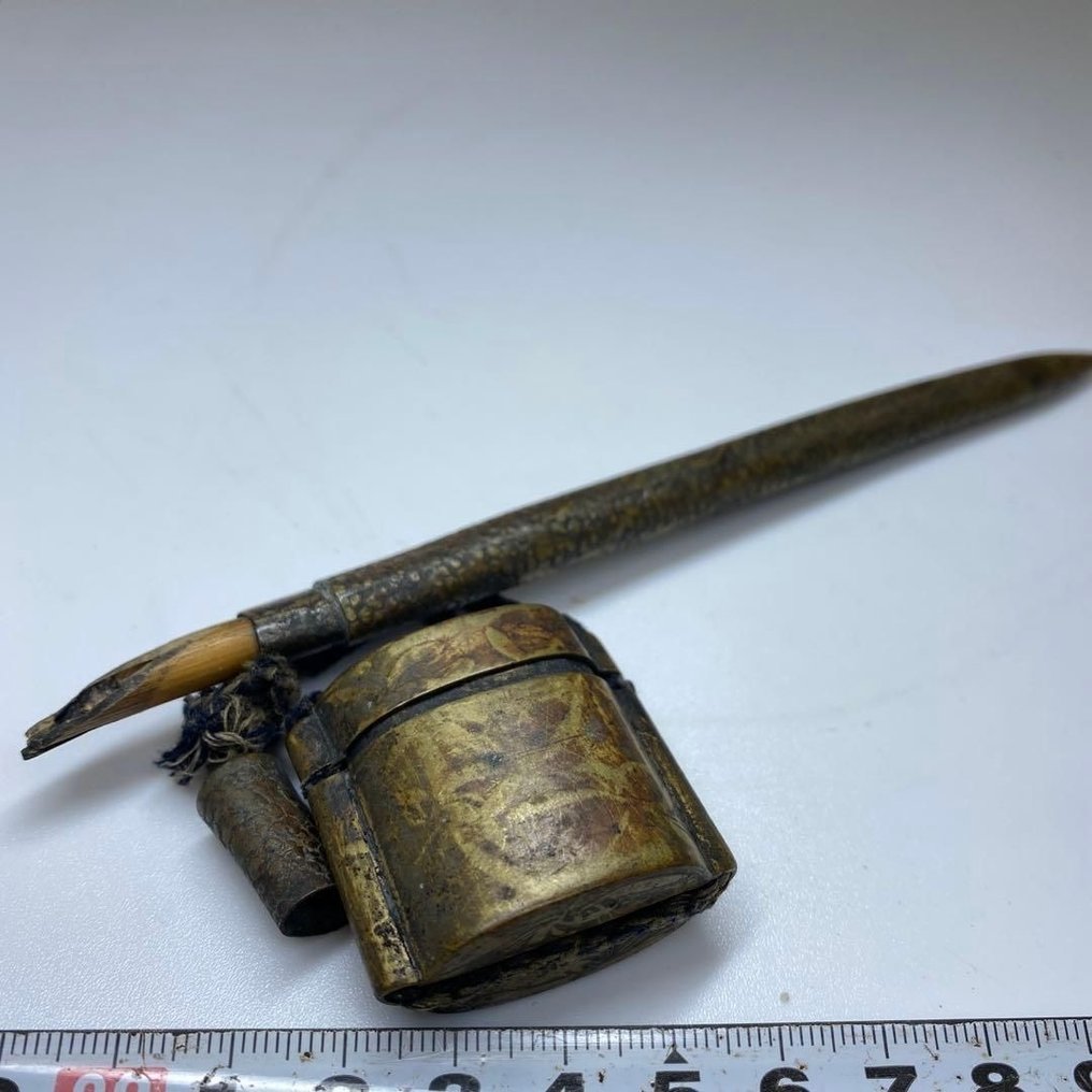 Japanese Edo-Period style Writing Set — Copper Ink Container with Brush (矢立 / Yatate), 17th–18th - Calligraphy pen #1.0
